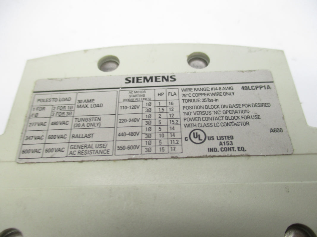 SIEMENS 49LCPP1A 600VAC 30A NSNP