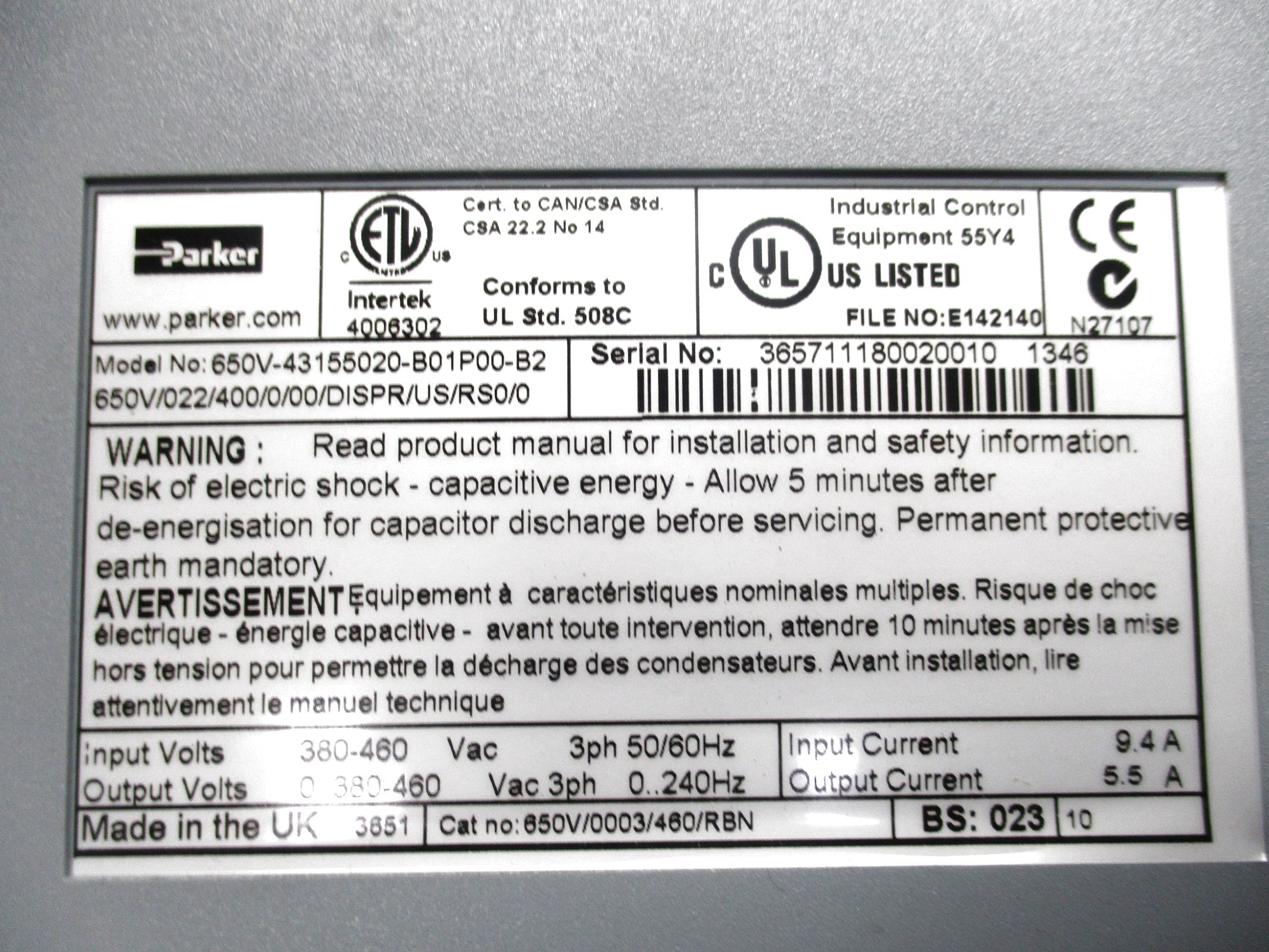PARKER 650V/0003/460/RBN 380-460VAC 5.5A NSMP