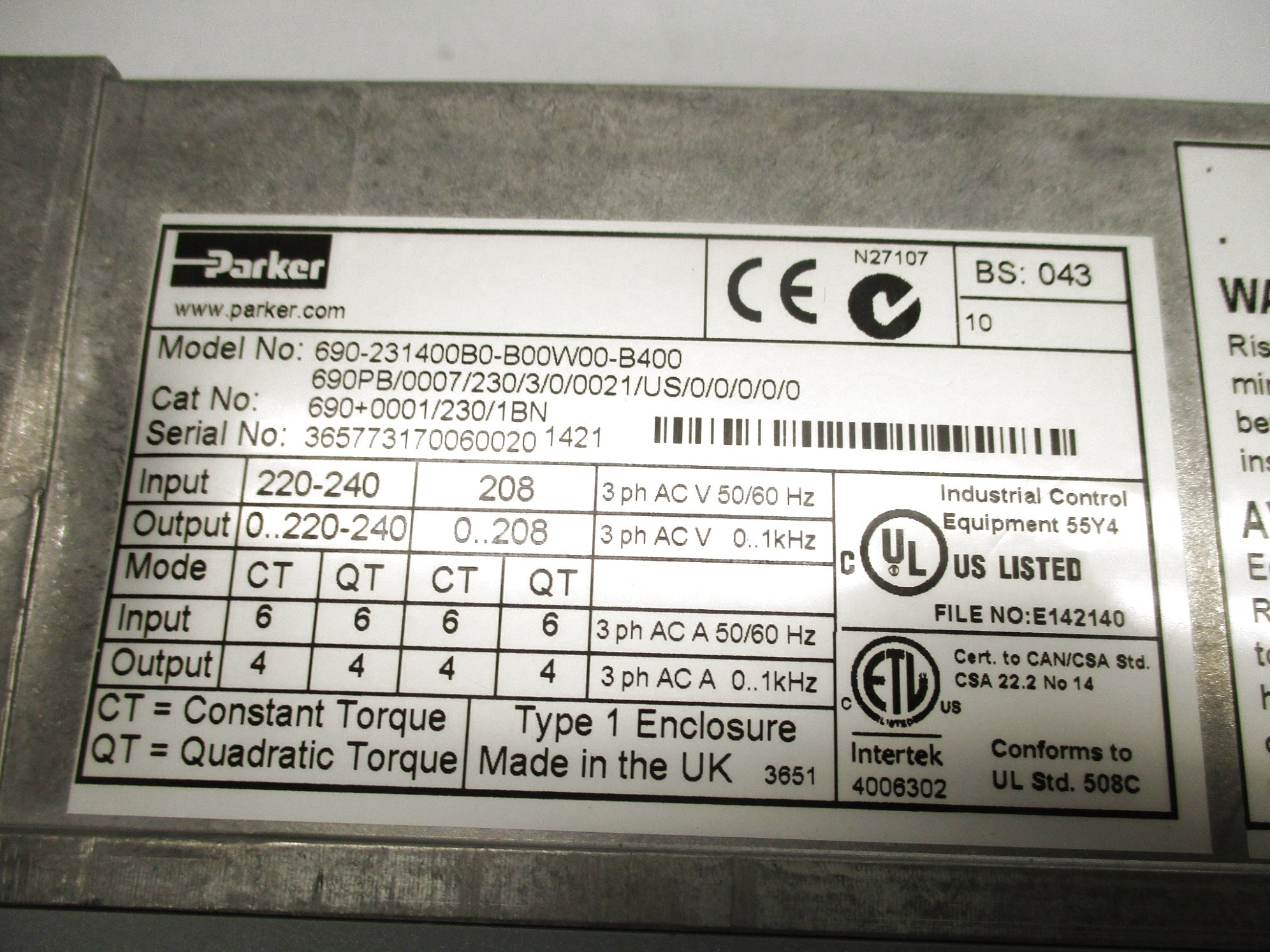 PARKER 690+0001/230/1BN 220-240V 4A NSNP
