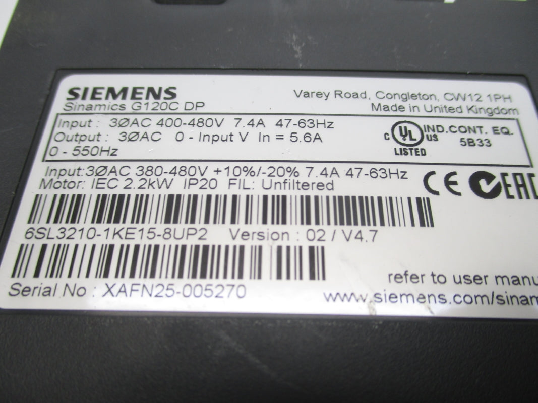 SIEMENS 6SL3210-1KE15-8UP2 F/W 02/V4.7 400-480V 7.4A UNMP