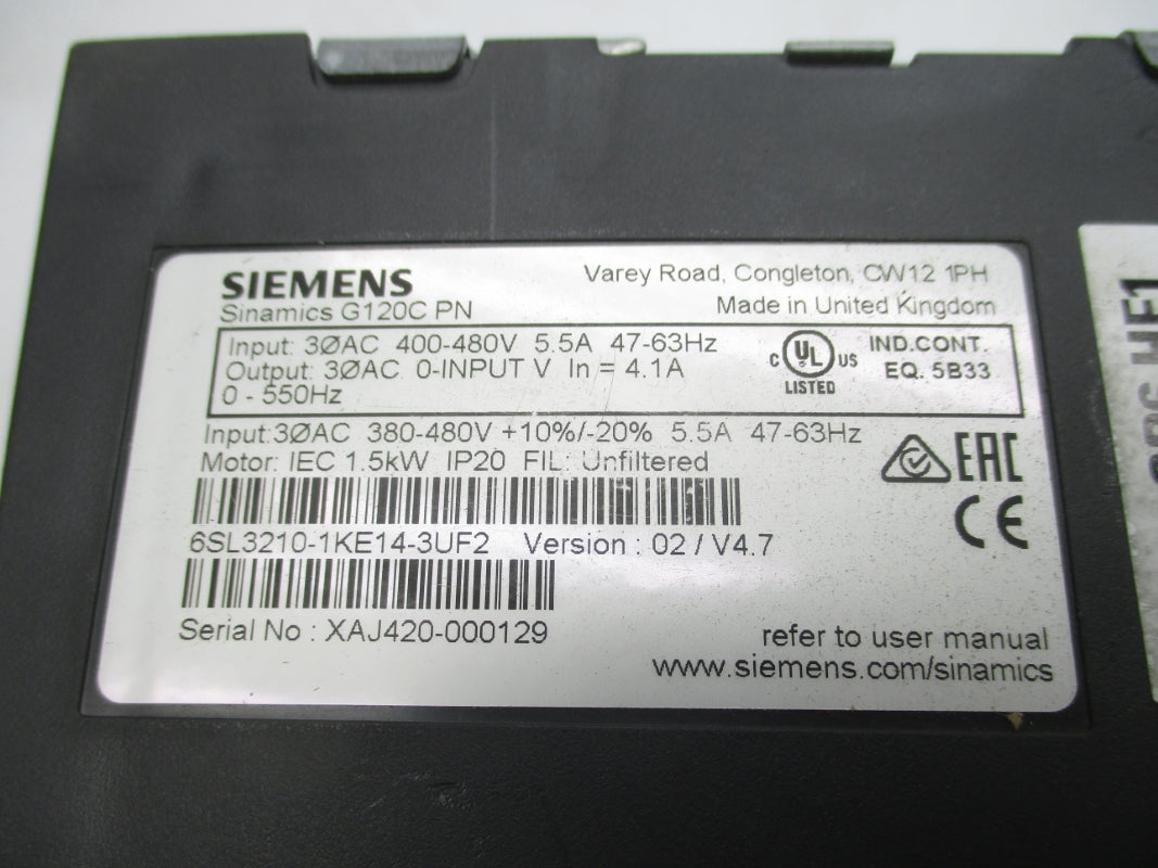 SIEMENS 6SL3210-1KE14-3UF2 F/W 02/V4.7 400-480V 5.5A (NO DOOR) UNMP