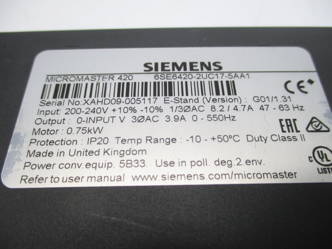 SIEMENS 6SE6420-2UC17-5AA1 200-240V 8.2/4.7A  F/W G01/1.31 (AS PICTURED) NSNP