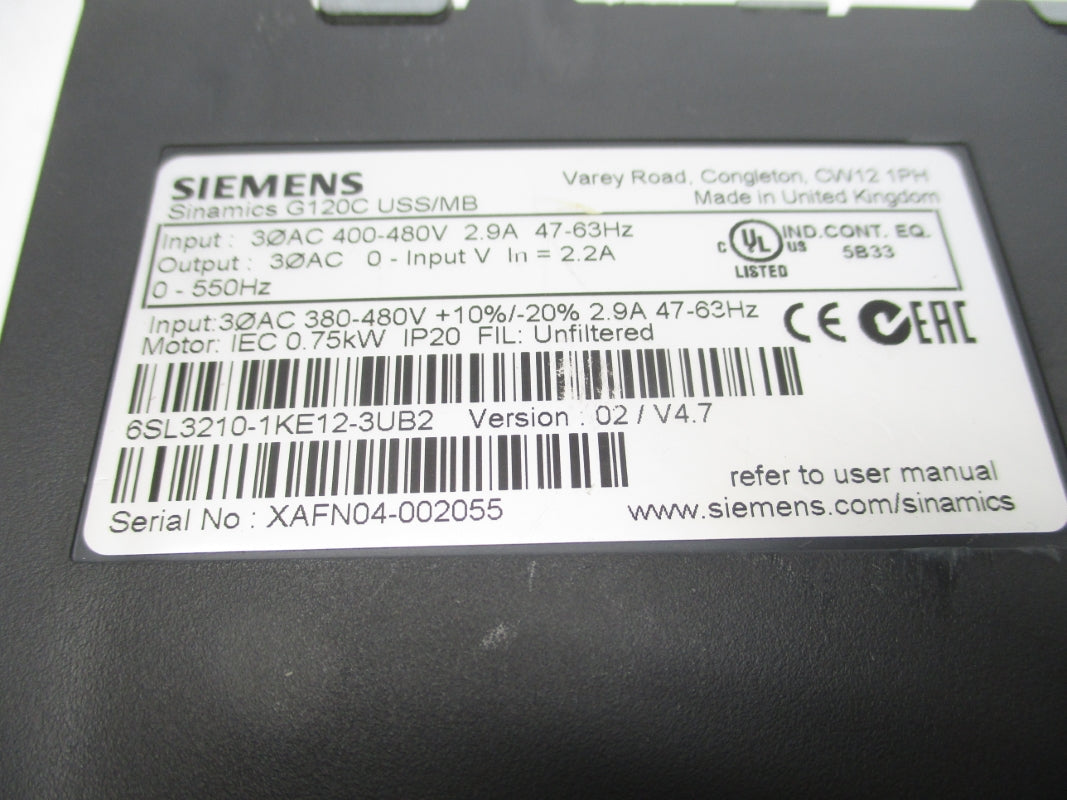 SIEMENS 6SL3210-1KE12-3UB2 400-480V 2.9A F/W 02/V4.7 (NO DOOR) NSNP