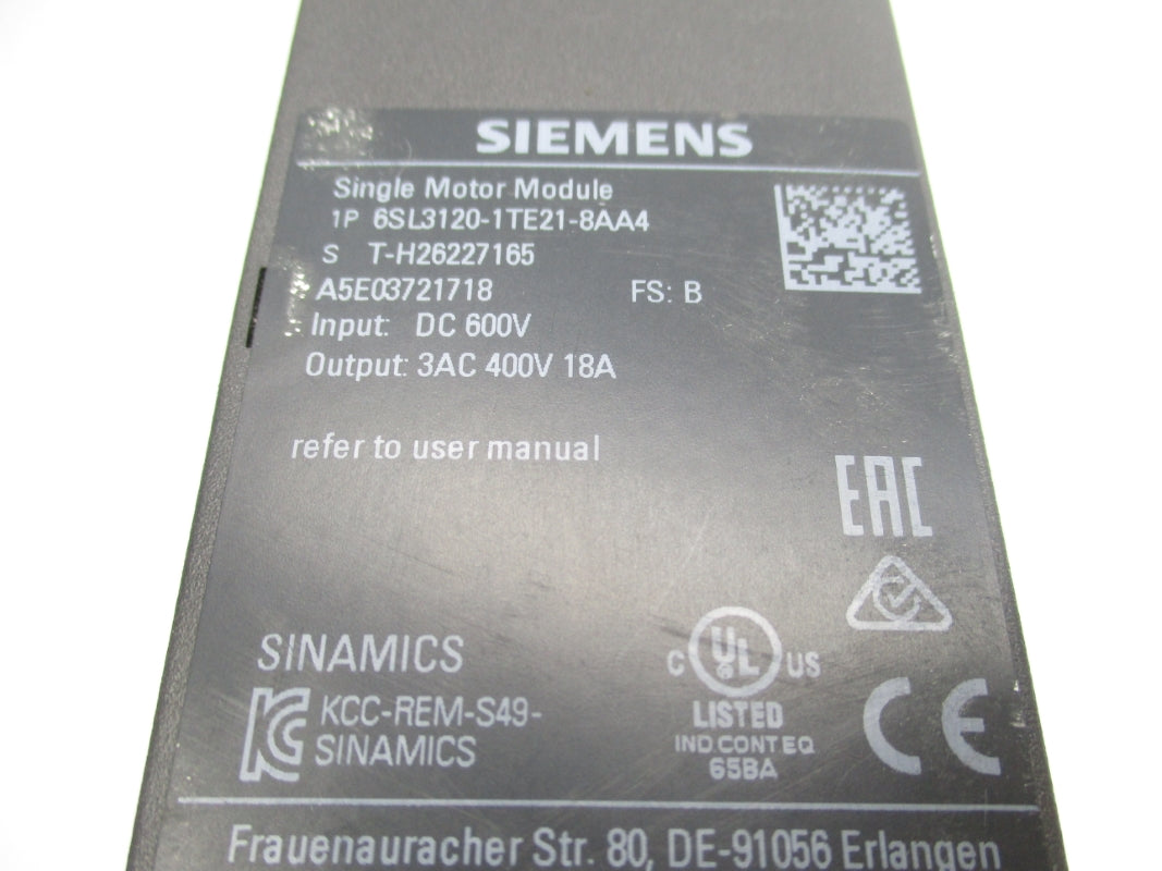 SIEMENS 6SL3120-1TE21-8AA4 600VDC 18A UNMP