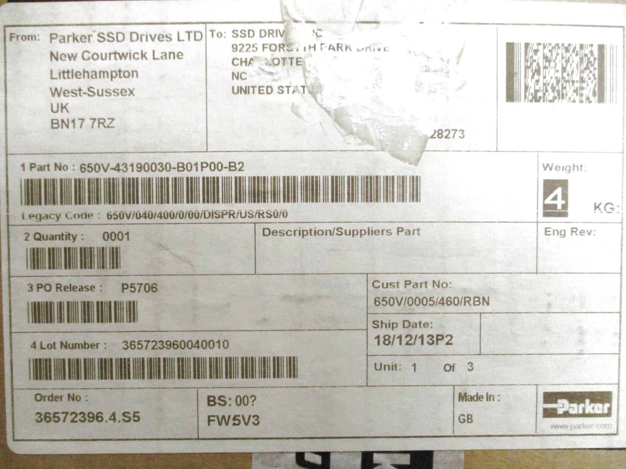 PARKER 650V/0005/460/RBN F/W 4V8 NSMP