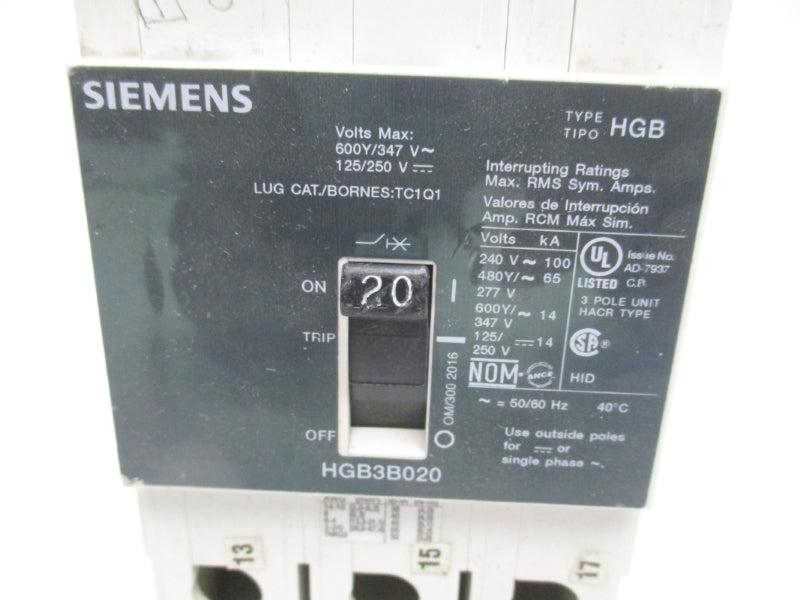 SIEMENS HGB3B020B 125/250V 20A UNMP