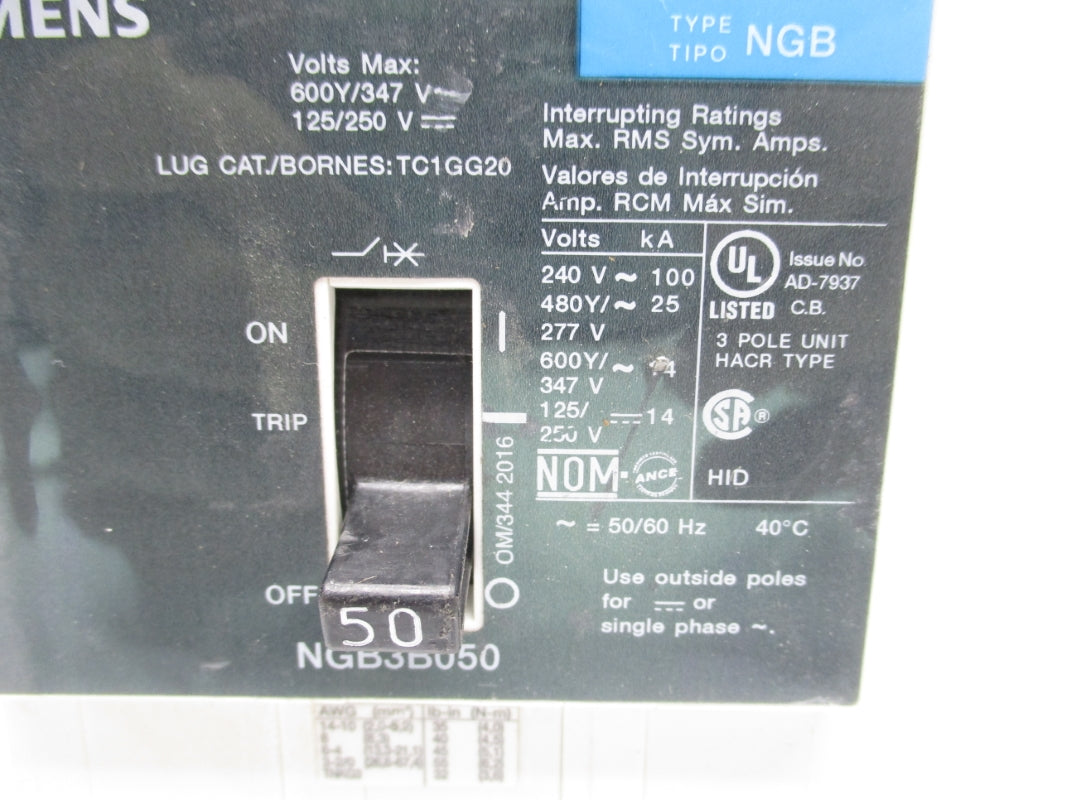 SIEMENS NGB3B050V 125/250V 50A UNMP