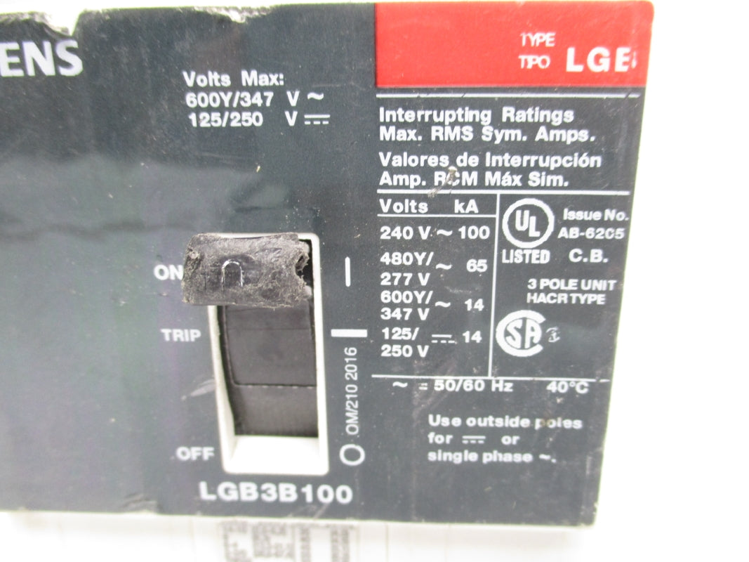 SIEMENS LGB3B100B 125/250V 100A UNMP