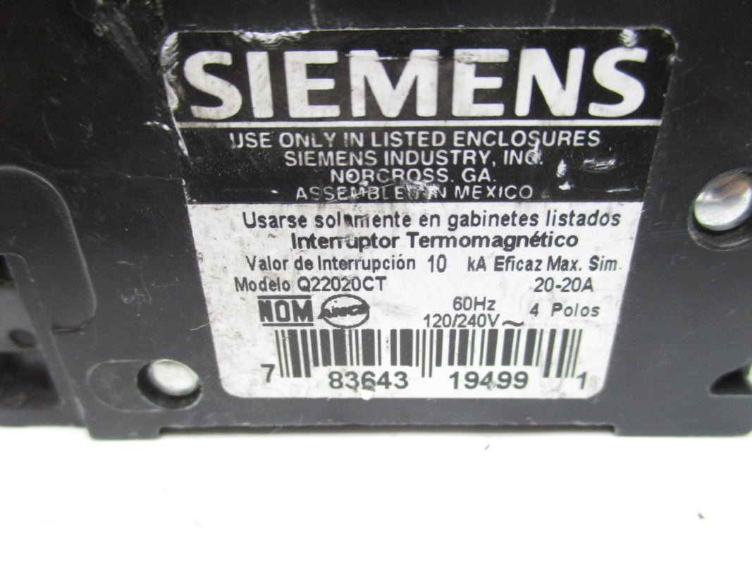 SIEMENS Q22020CT 120/240V 20-20A (AS PICTURED) NSNP