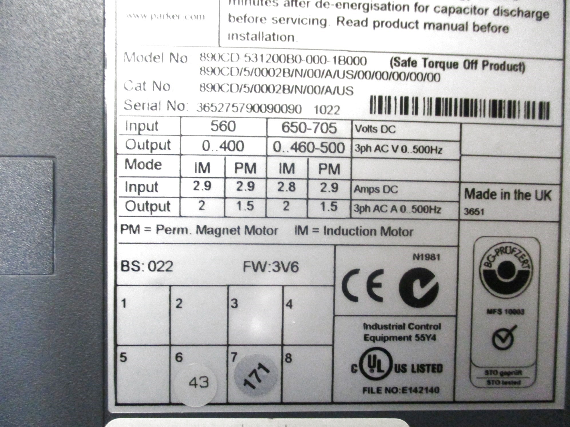 PARKER 890CD/5/0002B/N/00/A/US  NSNP
