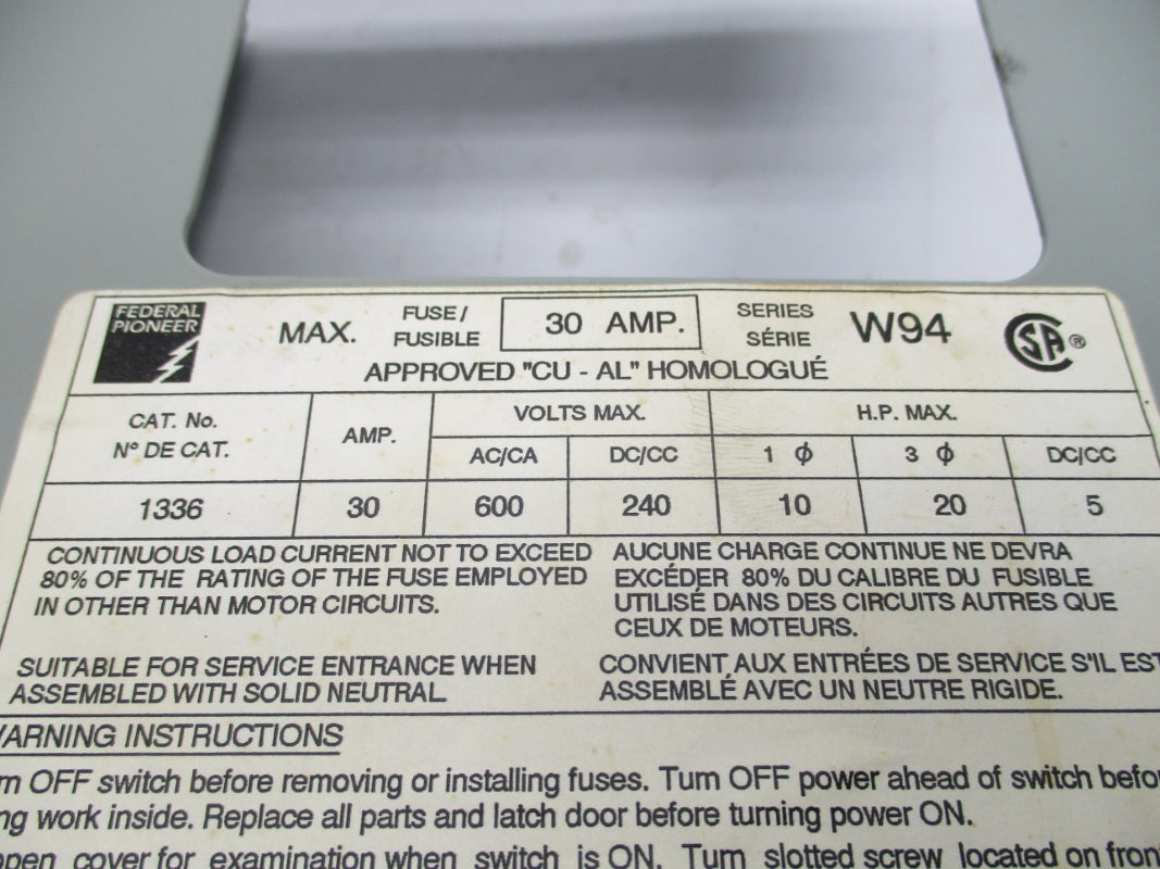 FEDERAL PIONEER 1336 SER. W94 600V 30A NSNP