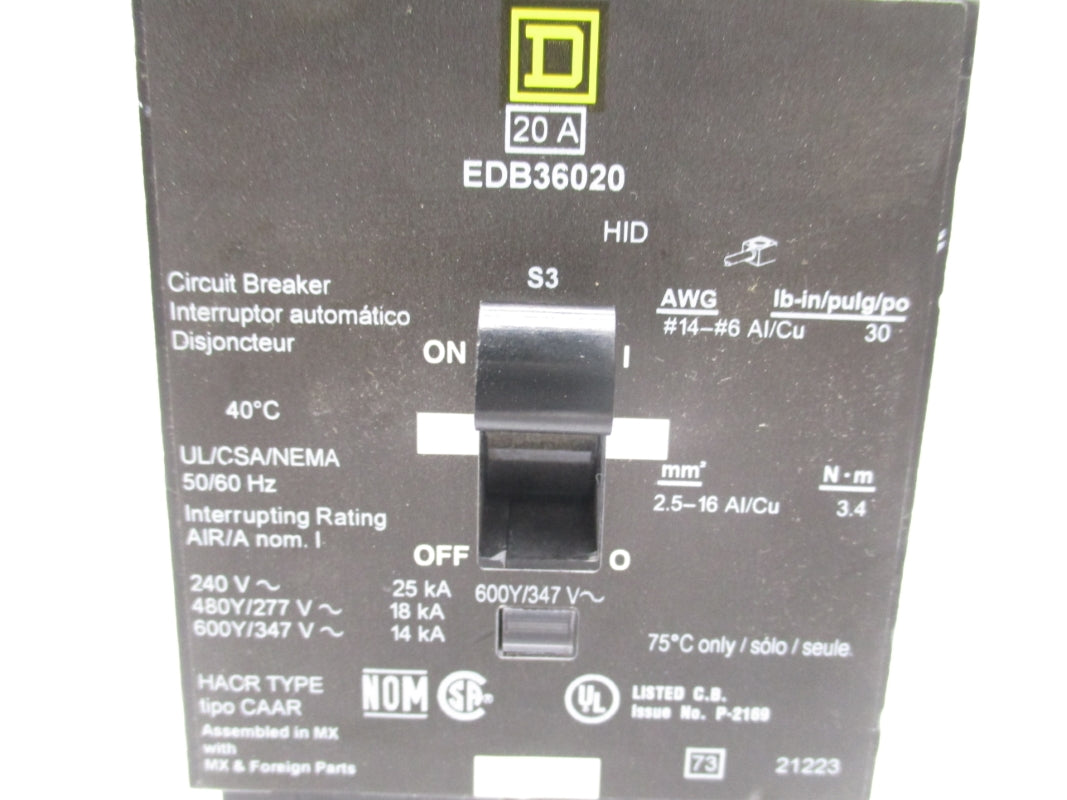 SQUARE D EDB36020 347V 20A NSNP