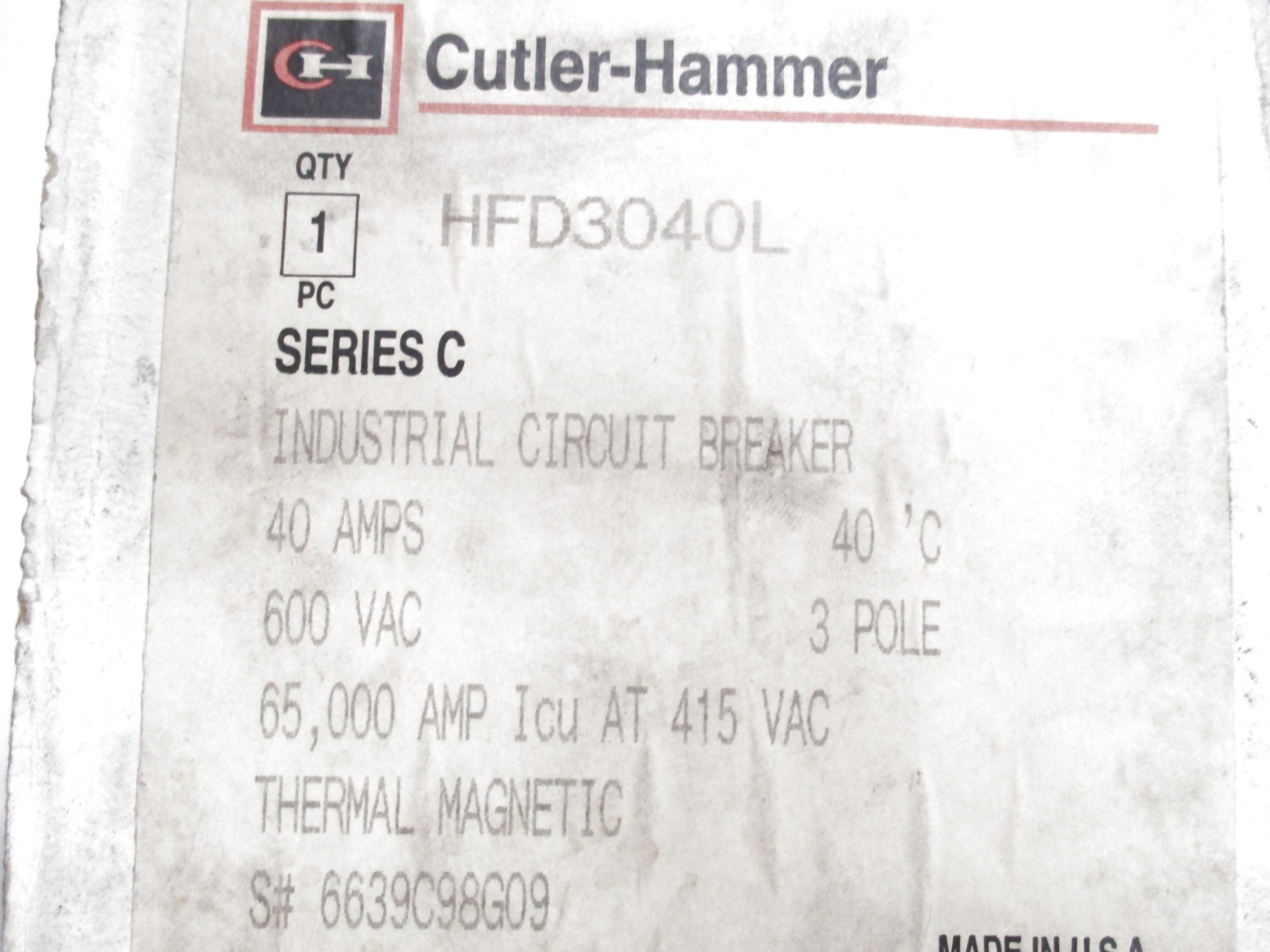 CUTLER HAMMER HFD3040L 6639C98G09 40A 600VAC NSMP