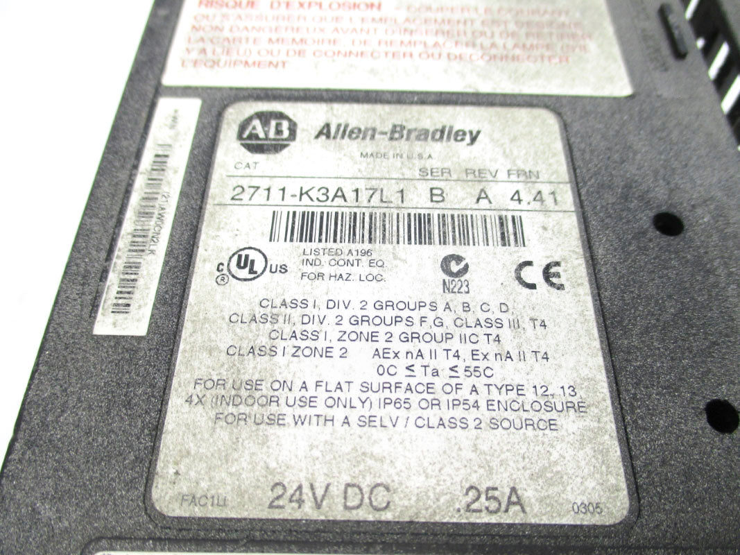 ALLEN BRADLEY 2711-K3A17L1 SER. A F/W 4.41 24VDC .25A UNMP