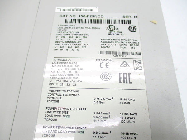 ALLEN BRADLEY 150-F25NCD SER. B 200-600VAC 25A F/W 6.008 NSMP
