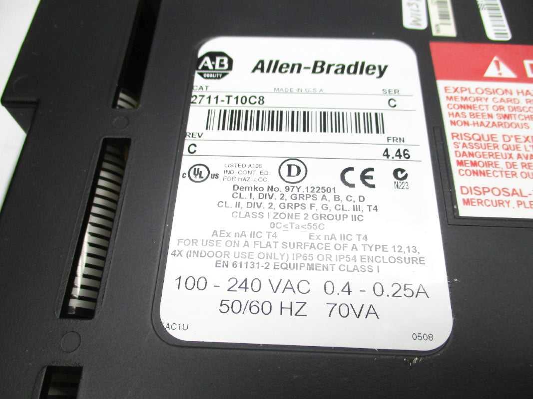 ALLEN BRADLEY 2711-T10C8 SER. C F/W 4.46 100-240VAC 0.4-0.25A REMAN
