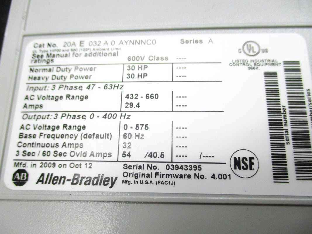 ALLEN BRADLEY 20AE032A0AYNNNC0 SER. A 432-660V 29.4A F/W 4.001 NSMP