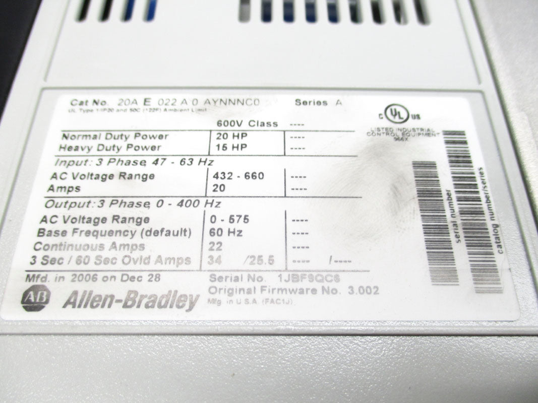 ALLEN BRADLEY 20AE022A0AYNNNC0 SER. A 432-660V 20A F/W 3.002 UNMP