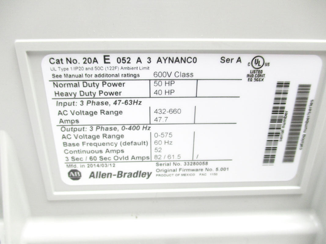 ALLEN BRADLEY 20AE052A3AYNANC0 SER. A 432-660V 47.7A F/W 5.001 NSMP