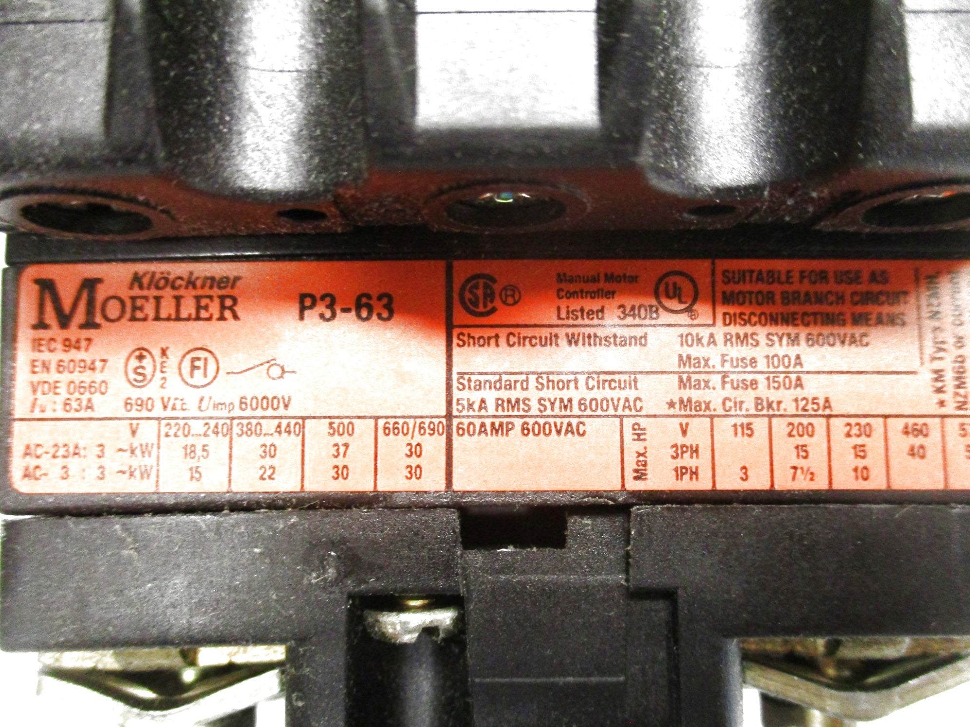 KLOCKNER MOELLER P3-63/V/SVB (AS PICTURED) NSMP
