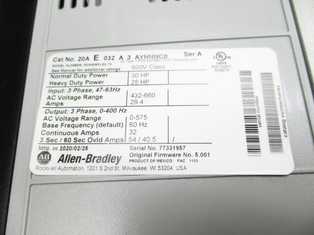 ALLEN BRADLEY 20AE032A3AYNNNC0 SER. A 432-660V 29.4A F/W 5.001 NSNP