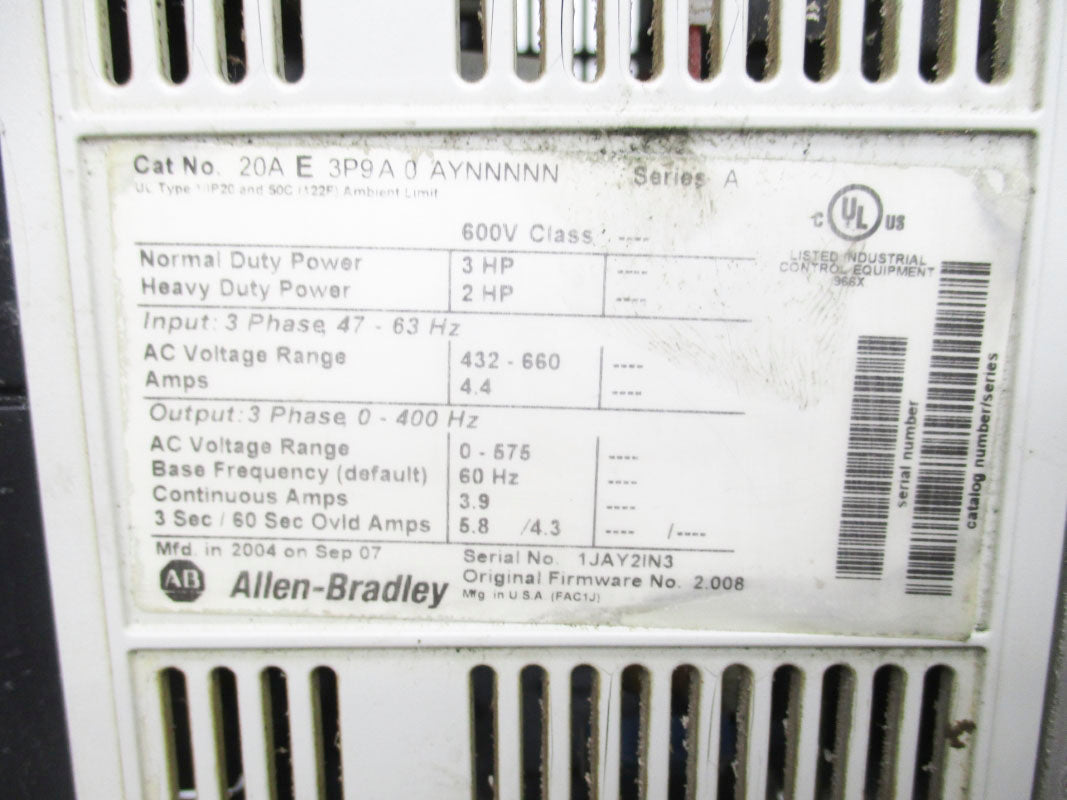 ALLEN BRADLEY 20AE3P9A0AYNNNNN SER. A F/W 2.008 UNMP