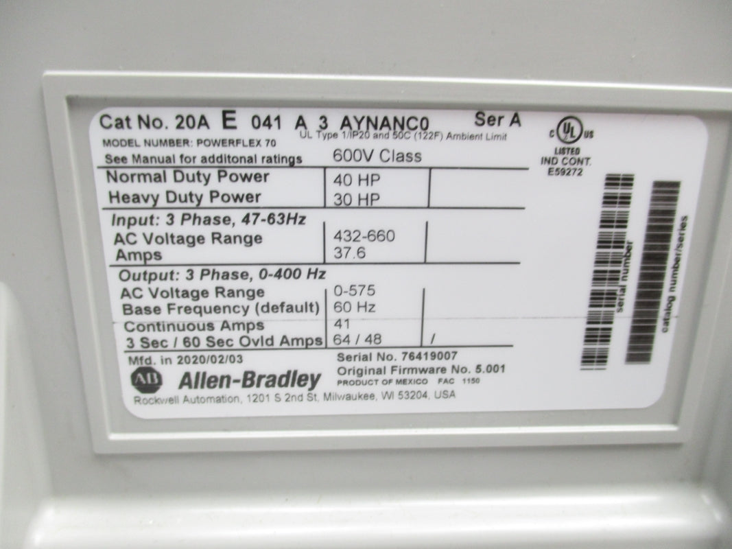 ALLEN BRADLEY 20AE041A3AYNANC0 SER. A 432-660V 37.6A F/W 5.001 NSNP