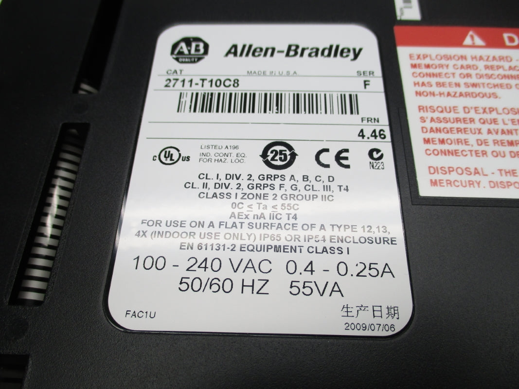 ALLEN BRADLEY 2711-T10C8 SER. F F/W 4.46 100-240V .4-.25A F/W 4.46 NSMP