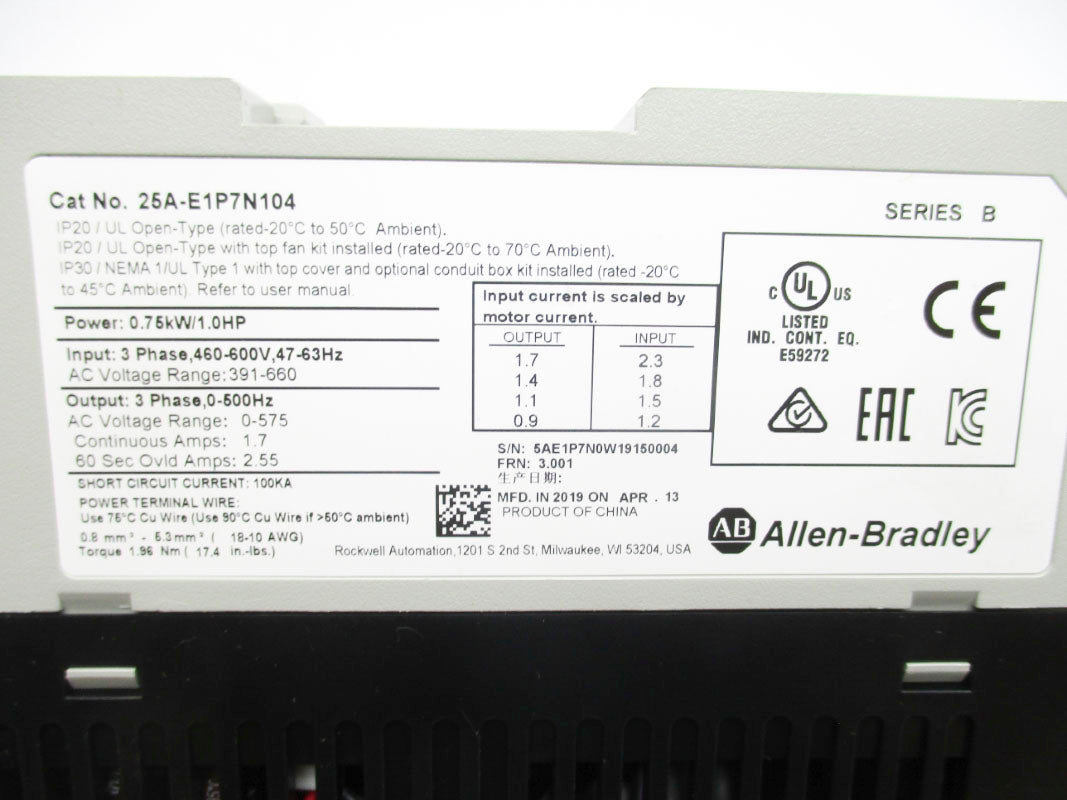 ALLEN BRADLEY 25A-E1P7N104 SER. B 460-600V 1.7A F/W 3.001 NSNP