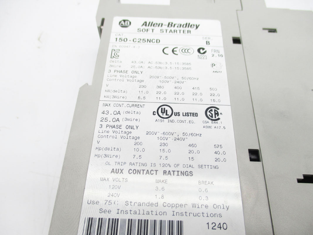 ALLEN BRADLEY 150-C25NCD SER. B 200-600V 43.0A F/W 2.10 NSMP