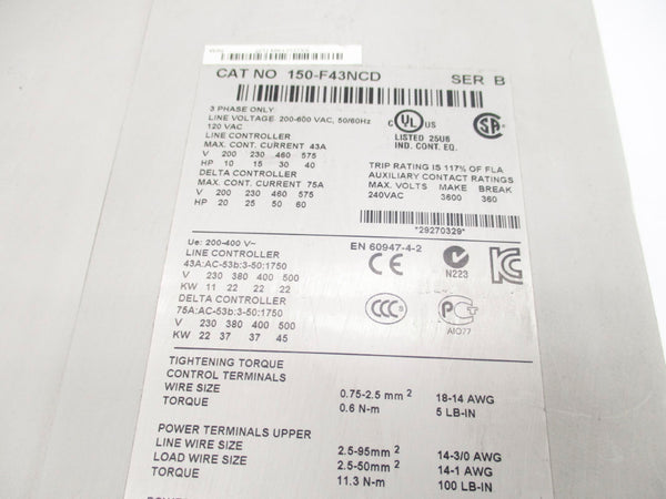 ALLEN BRADLEY 150-F43NCD SER. B 200-600VAC 43A F/W 6.006 NSNP