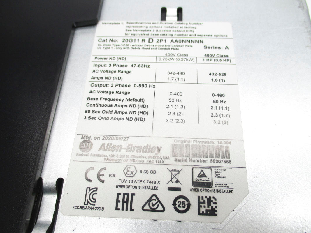 ALLEN BRADLEY 20G11RD2P1AA0NNNNN SER. A 432-528V 3.5A F/W 14.004 NSMP