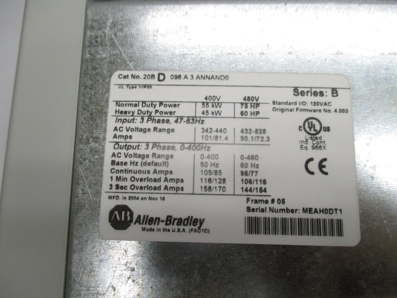 ALLEN BRADLEY 20BD096A3ANNAND0 SER. B 432-528V 90.1/72.3A F/W 4.003 NSNP