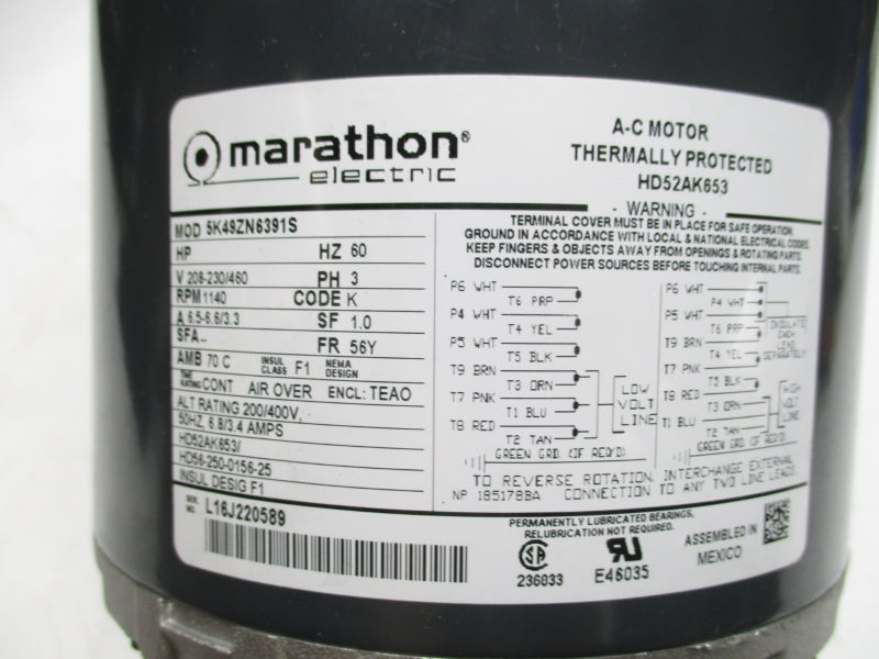 MARATHON ELECTRIC HD52AK653 5K49ZN6391S 208-230/460 6.5-6.6/3.3A NSMP
