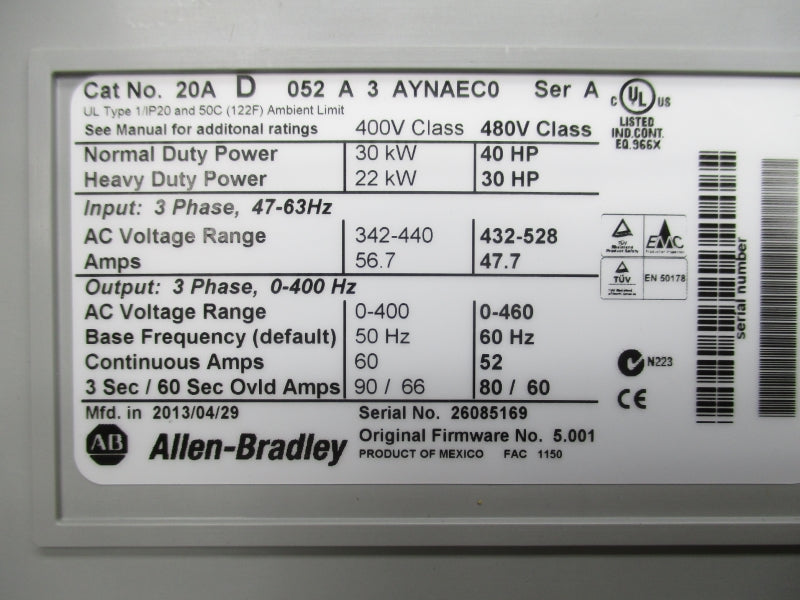 ALLEN BRADLEY 20AD052A3AYNAEC0 SER. A 432-528V 47.7A F/W 5.001 NSMP