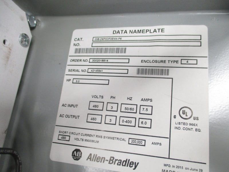 ALLEN BRADLEY 23B-D6P0DF0ENN-P6 480V 7.5A (AS IS) UNMP