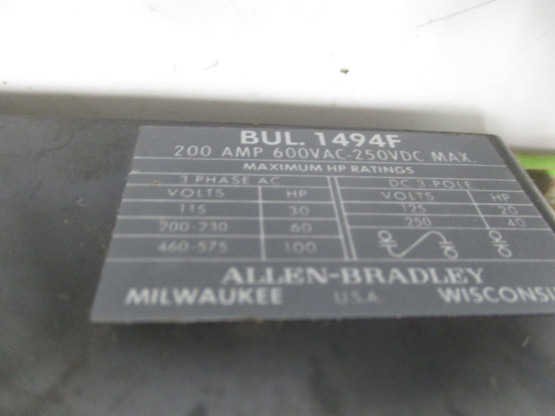 ALLEN BRADLEY 1494F-NF200 SER. A 600VAC 200A UNMP