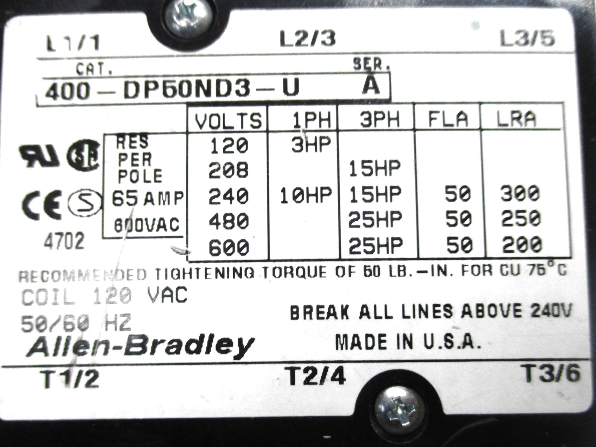 ALLEN BRADLEY 400-DP50ND3-U SER. A 120VAC UNMP