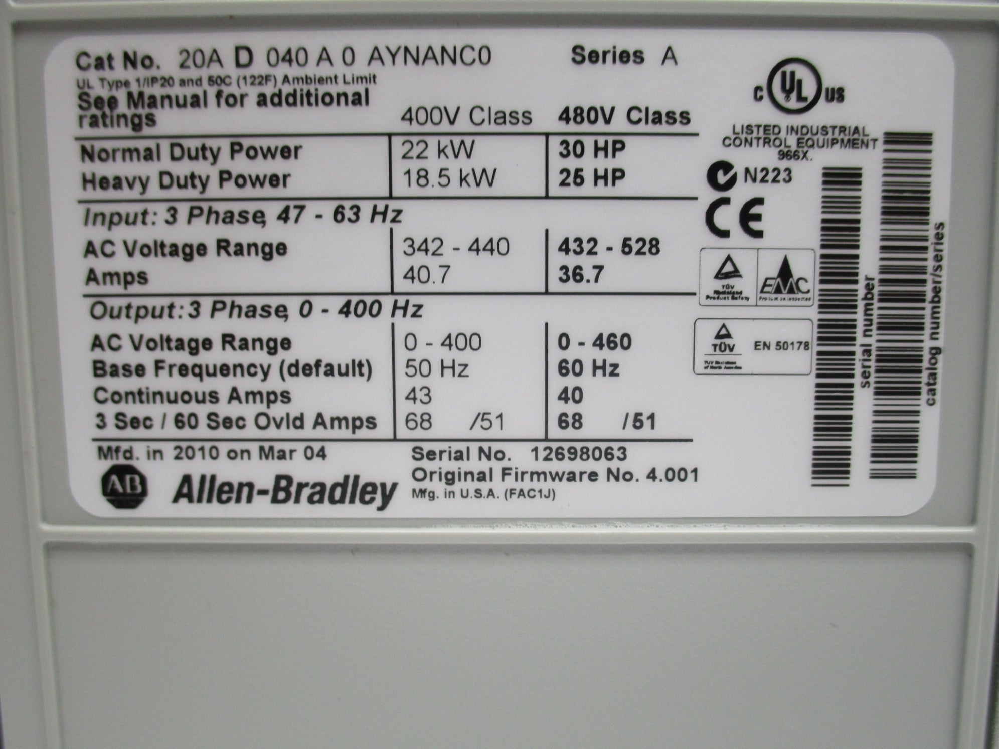 ALLEN BRADLEY 20AD040A0AYNANC0 SER. A F/W 4.001 NSNP