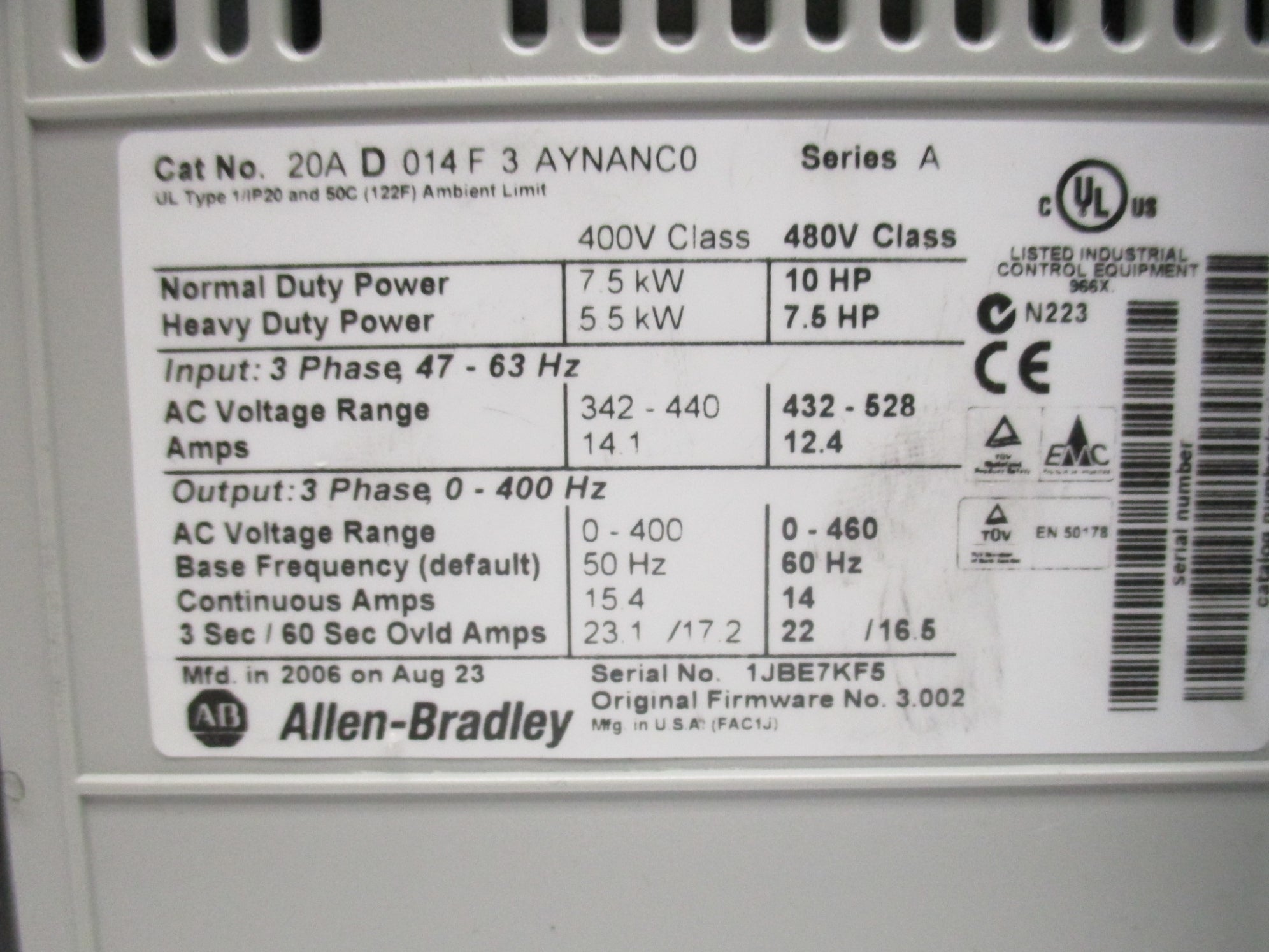 ALLEN BRADLEY 20AD014F3AYNANC0 SER. A F/W 3.002 NSNP
