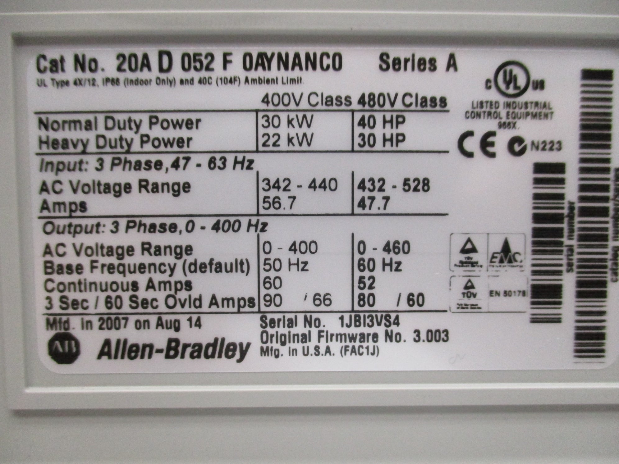ALLEN BRADLEY 20AD052F0AYNANC0 SER. A F/W 3.003 NSNP