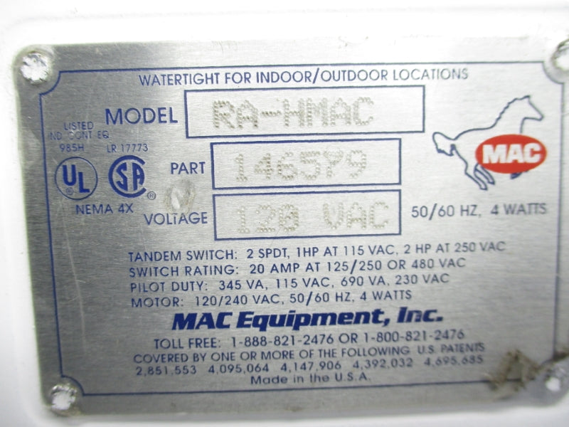 MAC EQUIPMENT RA-HMAC 146579 120VAC 1" UNMP