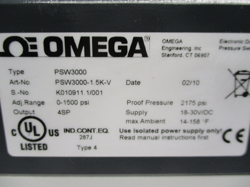 OMEGA ENGINEERING PSW3000-1.5K-V 18-30VDC 2175PSI NSMP