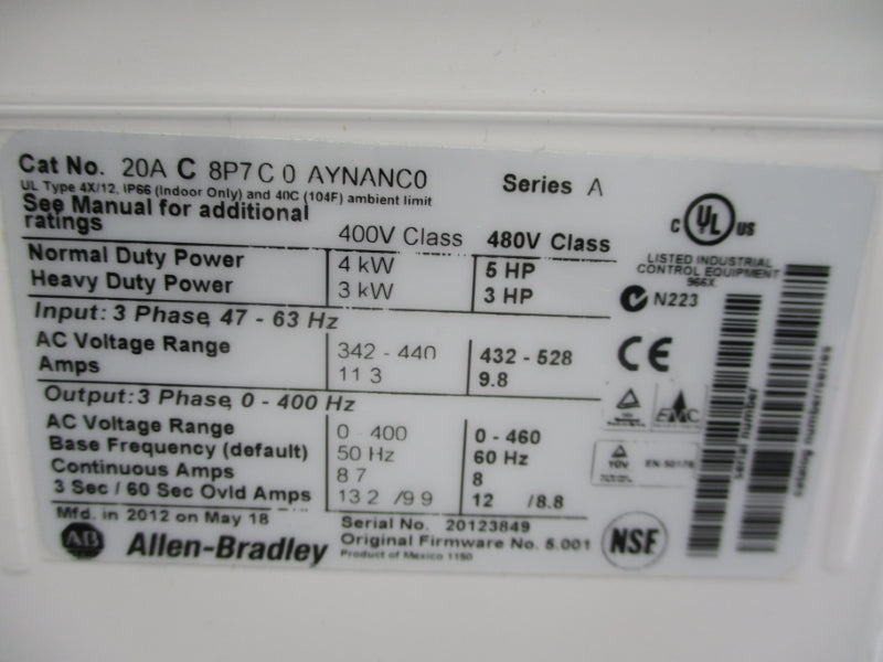 ALLEN BRADLEY 20AC8P7C0AYNANC0 SER. A F/W 5.001 480V 13.2A NSMP