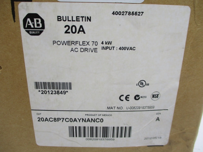 ALLEN BRADLEY 20AC8P7C0AYNANC0 SER. A F/W 5.001 480V 13.2A NSMP