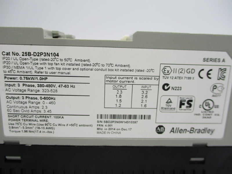 ALLEN BRADLEY 25B-D2P3N104 SER. A F/W 4.001 323-528V 2.3A NSMP