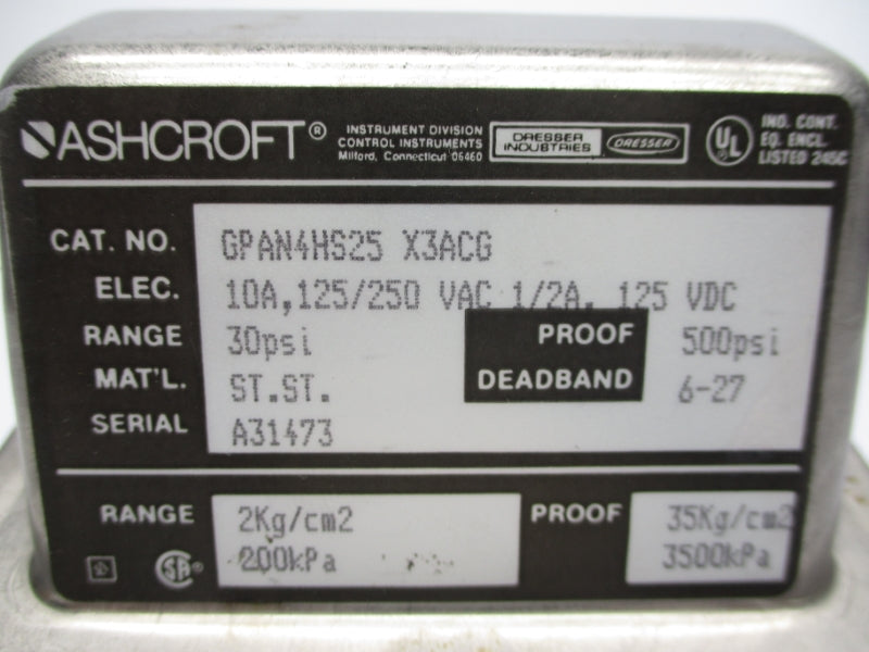 ASHCROFT GPAN4HS25X3ACG 125/250VAC 10A 30PSI 7/8" NSMP