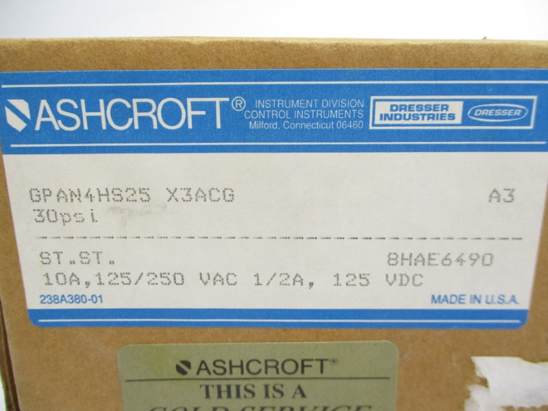 ASHCROFT GPAN4HS25X3ACG 125/250VAC 10A 30PSI 7/8" NSMP