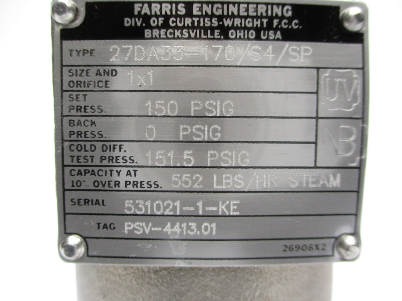 FARRIS ENGINEERING 27DA33-170/S4/SP 150PSI 1" NUPI