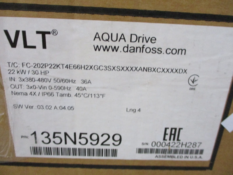 DANFOSS FC-202P22KT4E66H2XGC3SXSXXXXANBXCXXXXDX 135N5929 380-480V 40A NSMP